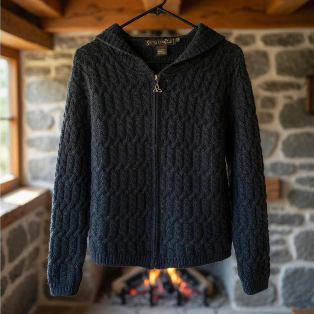 Inis Crafts 100% Merino Wool Cable Knit Hooded Zip-Up Sweater Made in Ireland